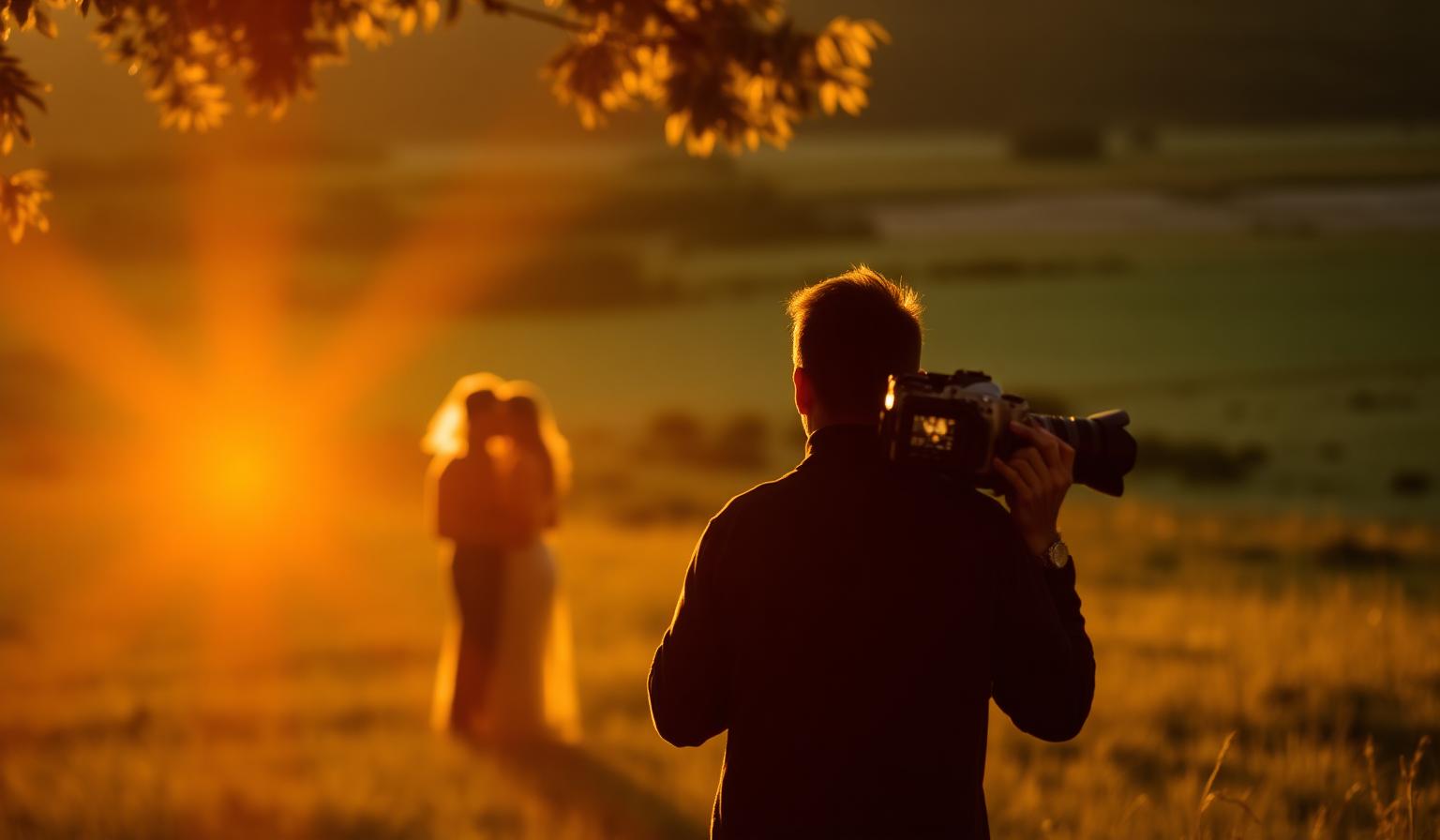 Fotógrafo silhueta dirigindo casal em ensaio ao pôr do sol
